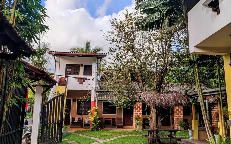 Sunny garden and buildings at Surfing Life Guest House under a blue sky